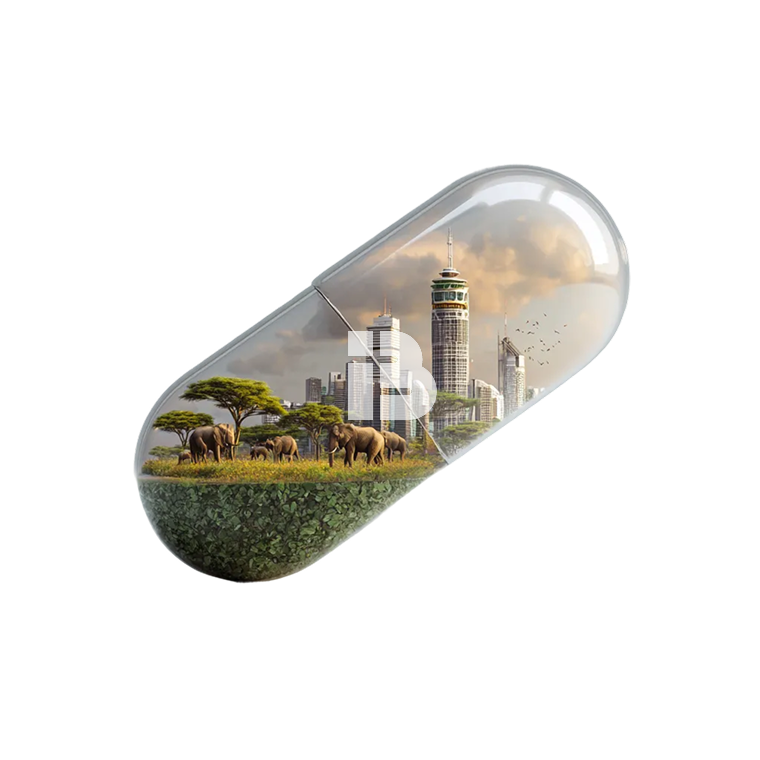 Tansparent capsule with cityscape and INB.bio logo