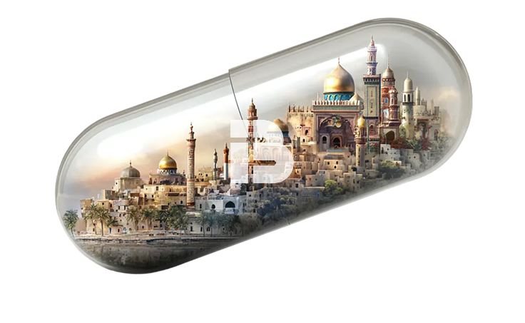 Tansparent capsule with cityscape and INB.bio logo