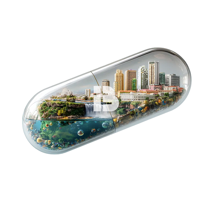 Tansparent capsule with cityscape and INB.bio logo