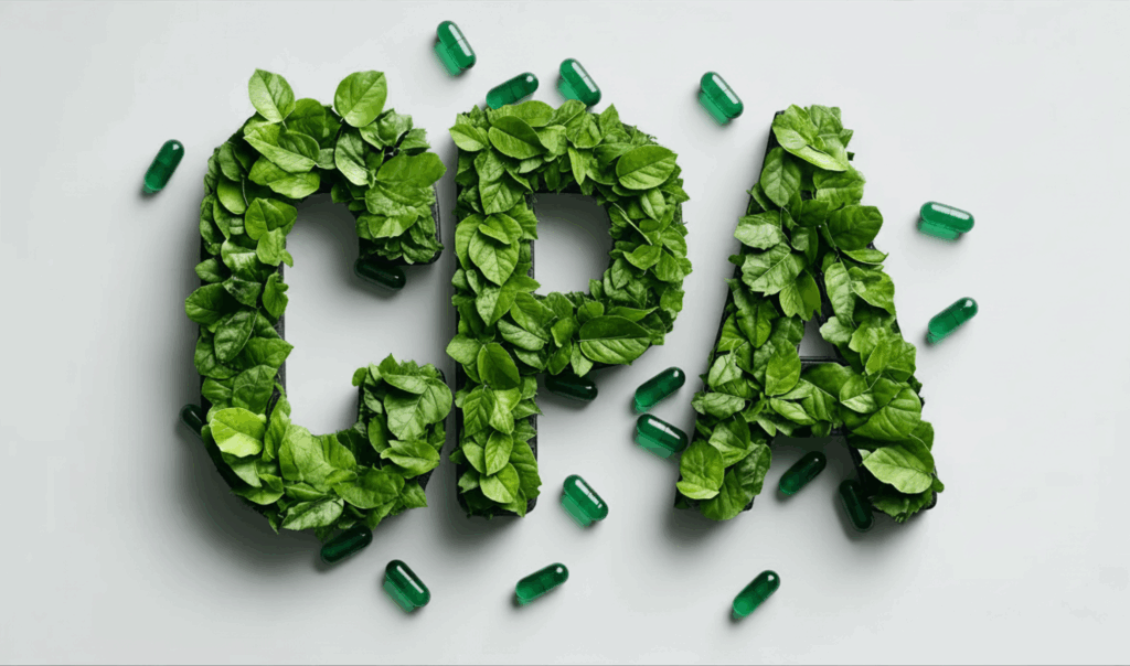 CPA letters made of layered green leaves with green capsules scattered around on a light surface.