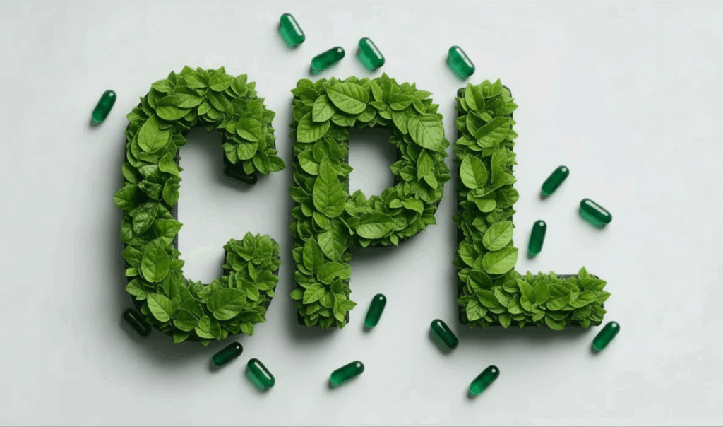 CPL letters formed from dense green leaves with green capsules scattered across the surface.