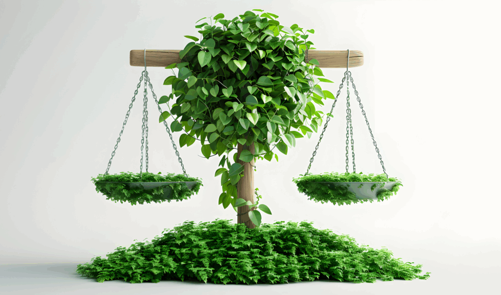 Green scales made of leaves hanging from a tree-like stand covered in dense foliage.