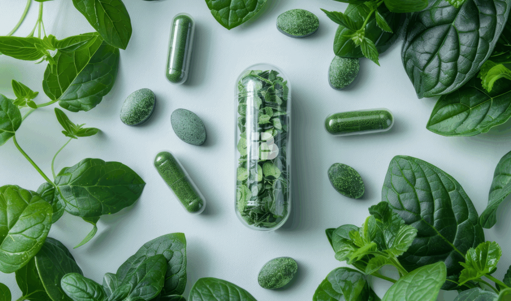 A clear capsule filled with green leaves is surrounded by various green pills and fresh spinach leaves on a smooth surface.