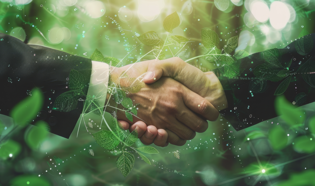 A close-up of two hands shaking, surrounded by a vibrant green backdrop with digital leaves, symbolizing partnership and growth.