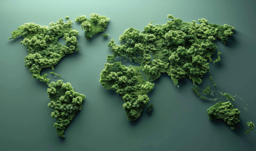 A green, textured world map made entirely of lush trees and foliage, set against a smooth, dark background.