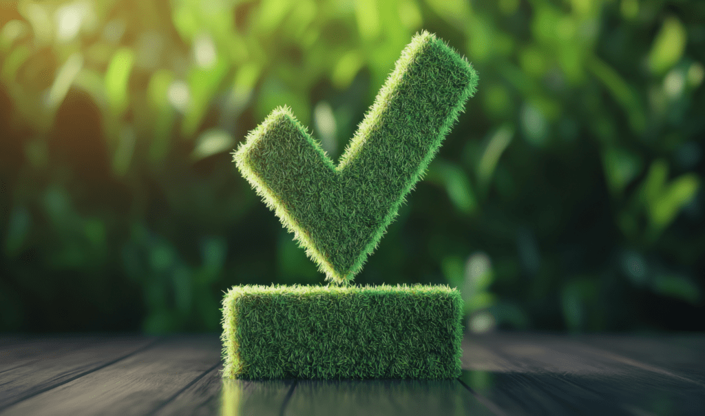 A 3D green grass checkmark symbol sits on a wooden surface, surrounded by softly blurred greenery in the background.