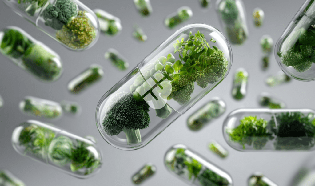 A collection of transparent capsules filled with vibrant green vegetables and plants, suspended against a soft gray background.