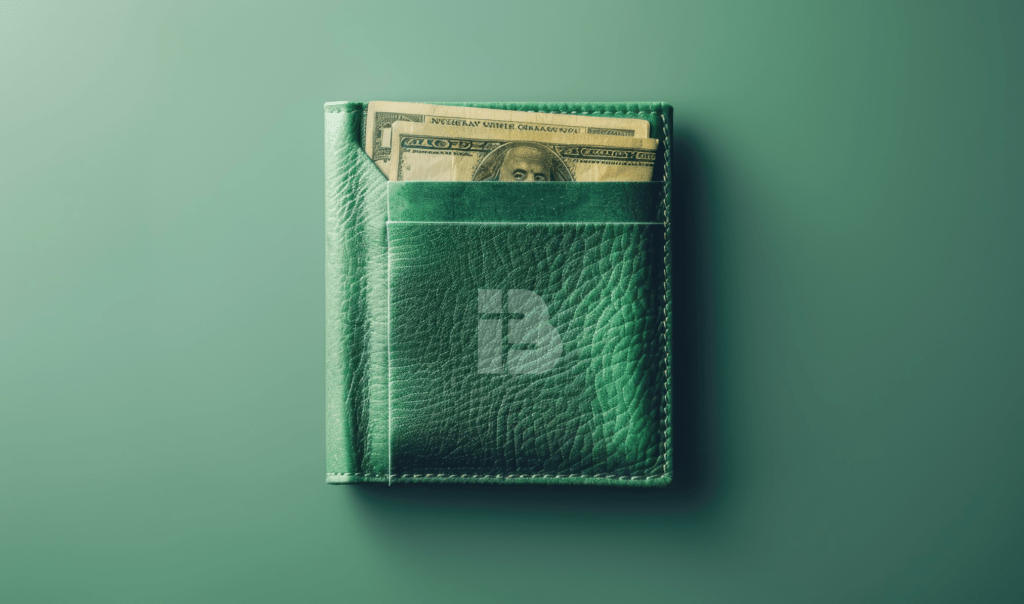 A green leather wallet with bills partially visible in the top pocket, set against a matching green background.