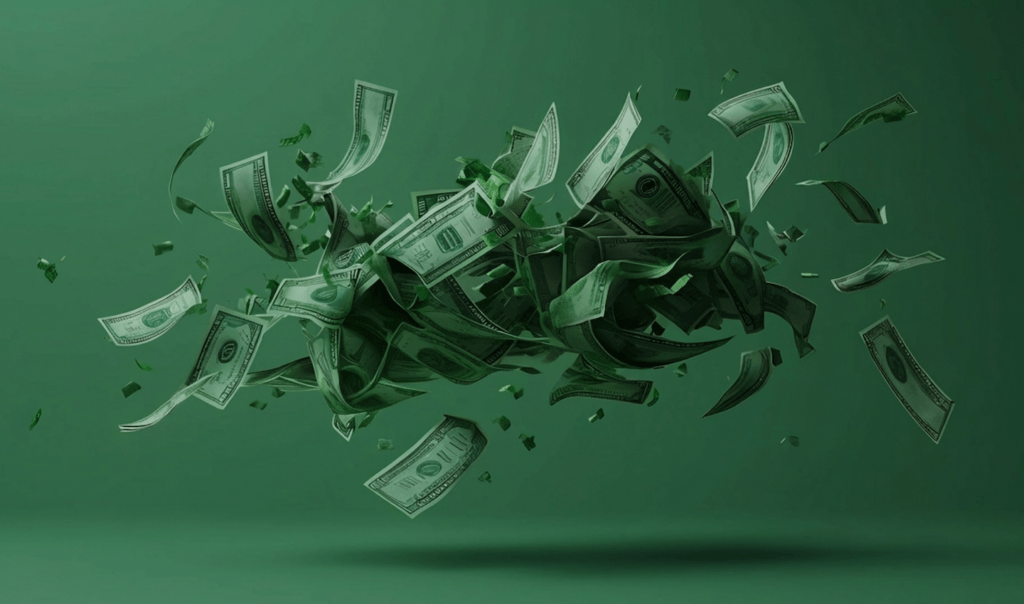 A dynamic explosion of green dollar bills against a deep green background, symbolizing wealth and finance.