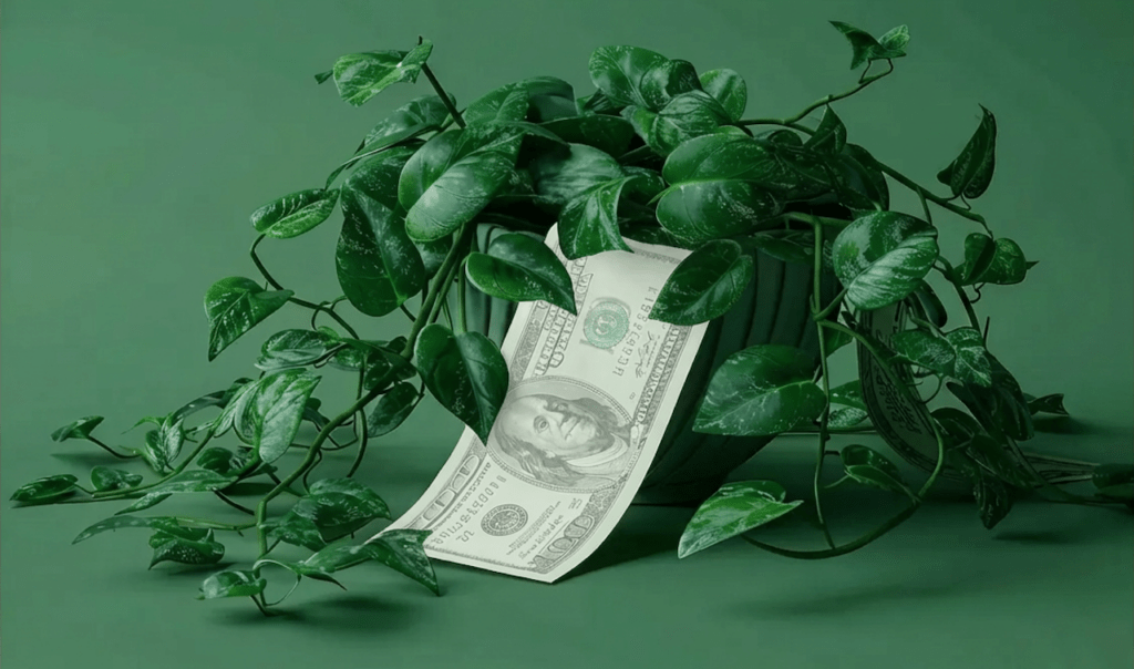 A lush green plant with heart-shaped leaves partially obscures a rolled-up hundred-dollar bill against a matching green background.