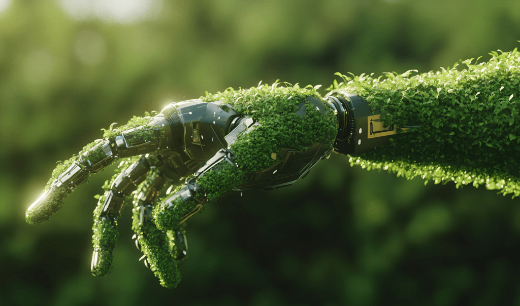 A futuristic robotic hand covered in lush green foliage, reaching out against a blurred green background.