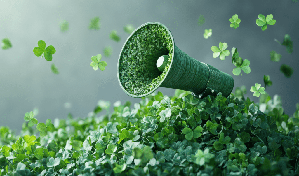 A green megaphone sits among vibrant clovers, with leaves swirling around, blending nature with a call to action.