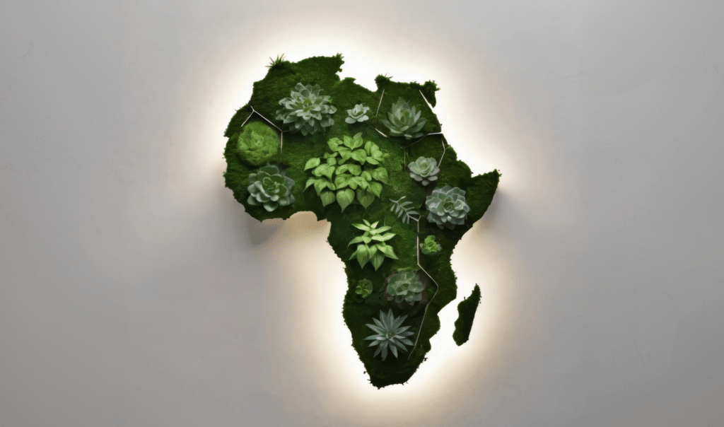 A green wall art piece shaped like Africa, featuring various succulents and moss with warm backlighting.