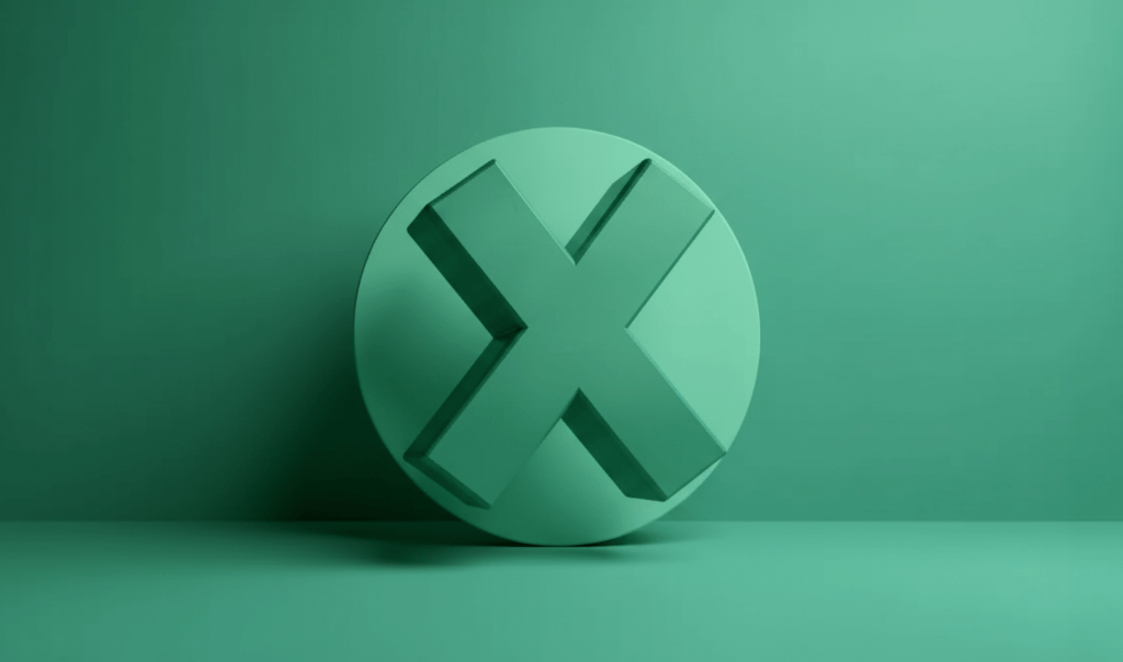3D rendering of a green circular icon with a raised, hollow "X" symbol in the center, set against a matching green background.