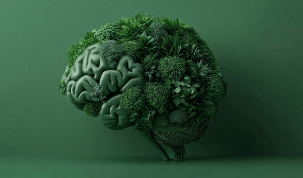 A stylized brain composed of various green plants and foliage, set against a matching green background.