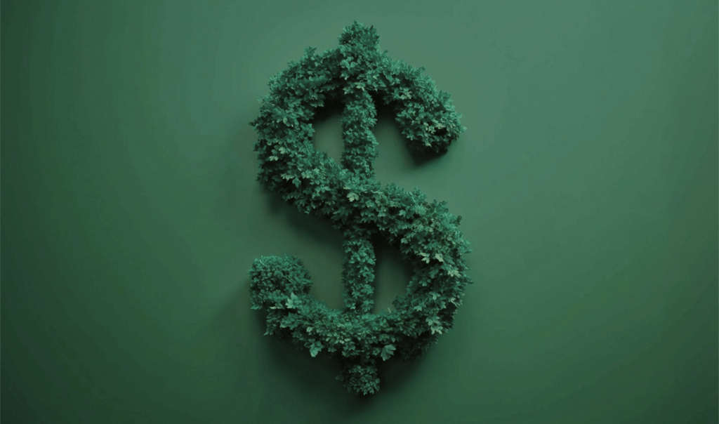 A dollar sign made of lush green leaves, set against a solid green background, symbolizing nature and finance.