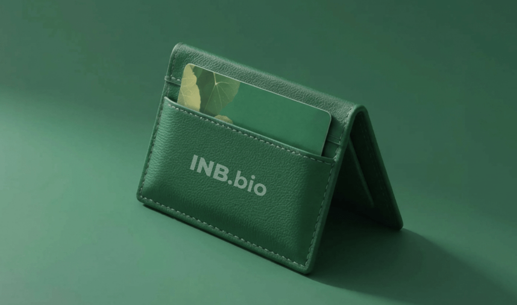 A stylish green card holder with a leaf-design card partially visible, set against a matching green background.