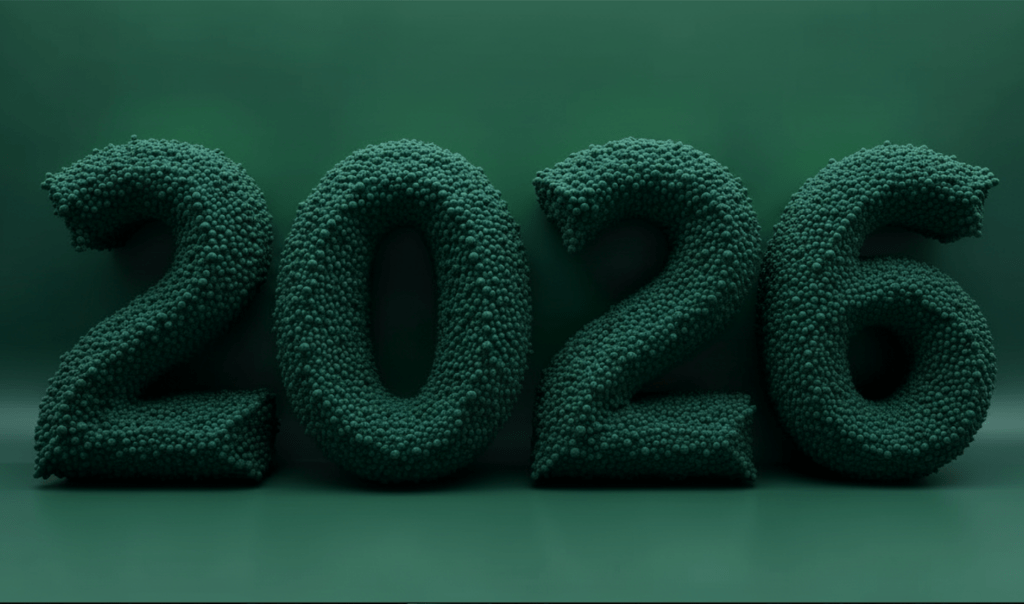 Three-dimensional textured numerals "2026" in a deep green color against a solid green background.