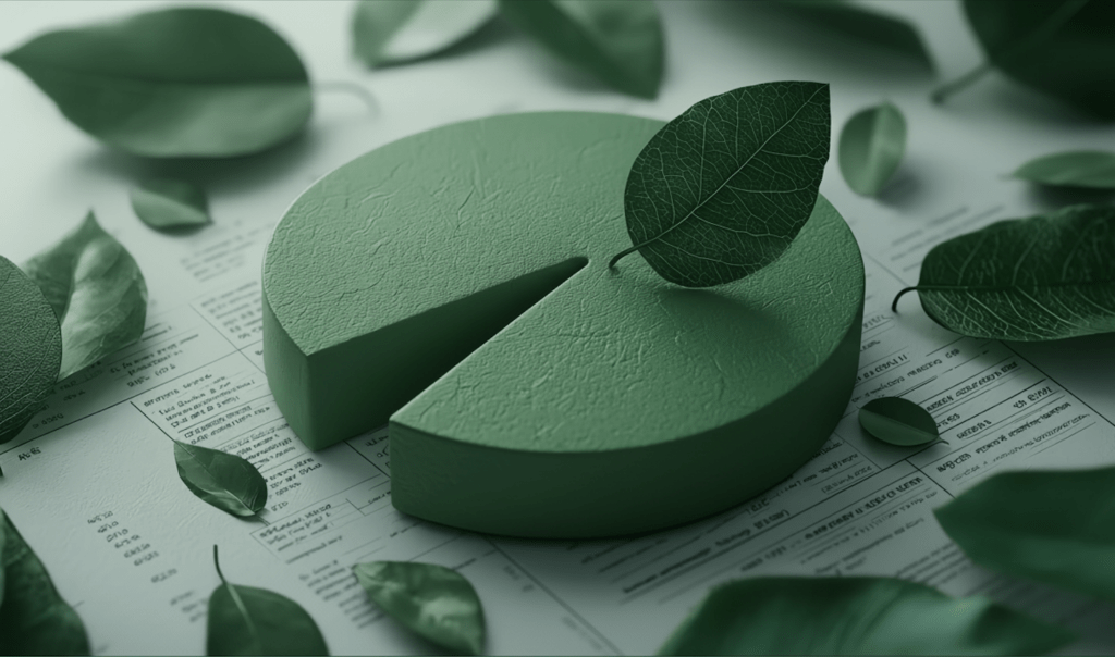 A green pie chart with a leaf rests on a background of leaves and paperwork, symbolizing sustainability and data analysis.