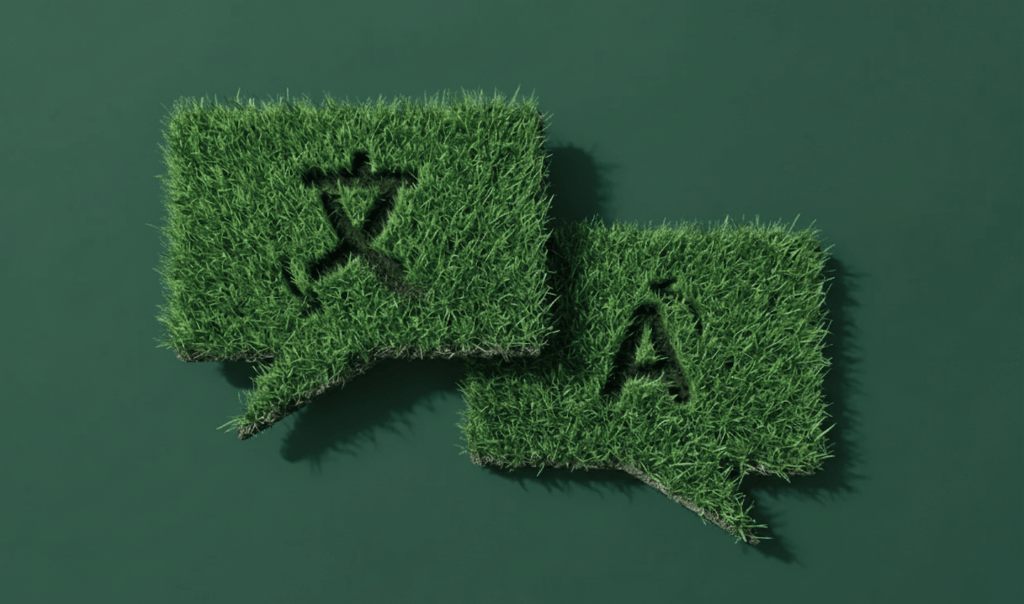 Two green speech bubbles made of grass with stylized letters inside, set against a dark green background.