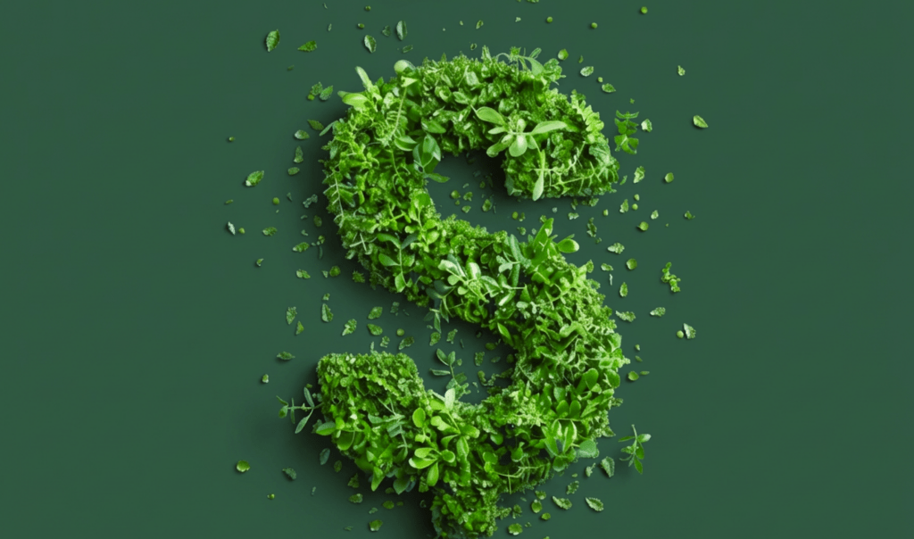 A stylized dollar sign made of fresh green leaves and plants, set against a dark green background.
