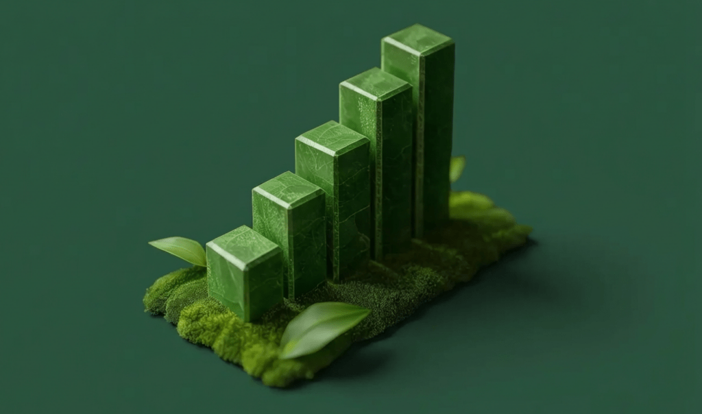 Five green-themed bar graphs increase in height on a grassy base, symbolizing growth and sustainability.