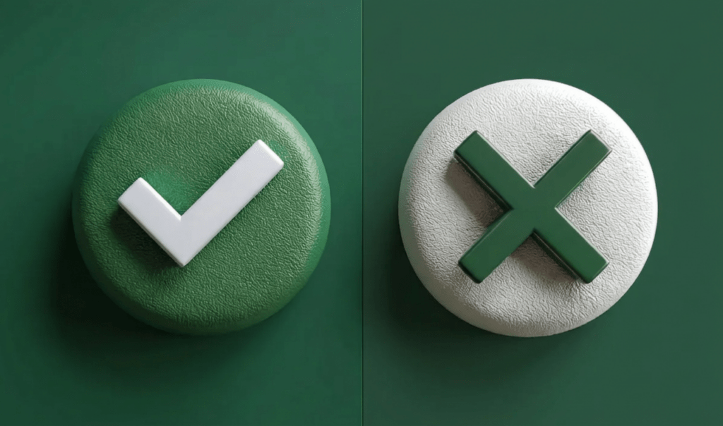 A green "check" button on the left and a white "cross" button on the right, both with textured surfaces against a dark green background.