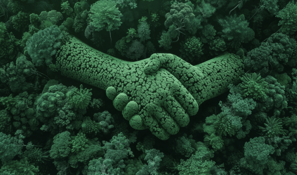 Aerial view of two green, textured hands shaking amidst a lush forest, symbolizing unity and environmental conservation.
