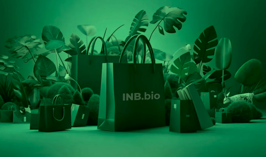 A stylized scene featuring various green shopping bags amid lush green foliage and whimsical animal illustrations.