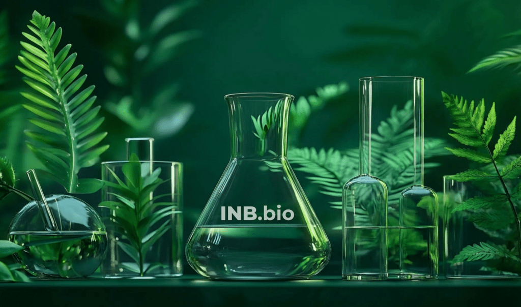 A serene arrangement of glass laboratory beakers surrounded by lush green plant leaves, symbolizing nature and science.