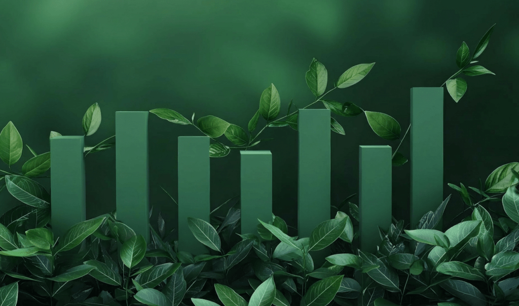 Green vertical bars representing growth emerge from lush green leaves against a dark green background, symbolizing nature and progress.