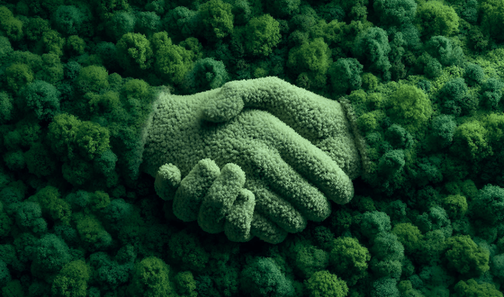 Two hands made of green foliage shaking hands amidst a dense forest, symbolizing environmental cooperation and sustainability.