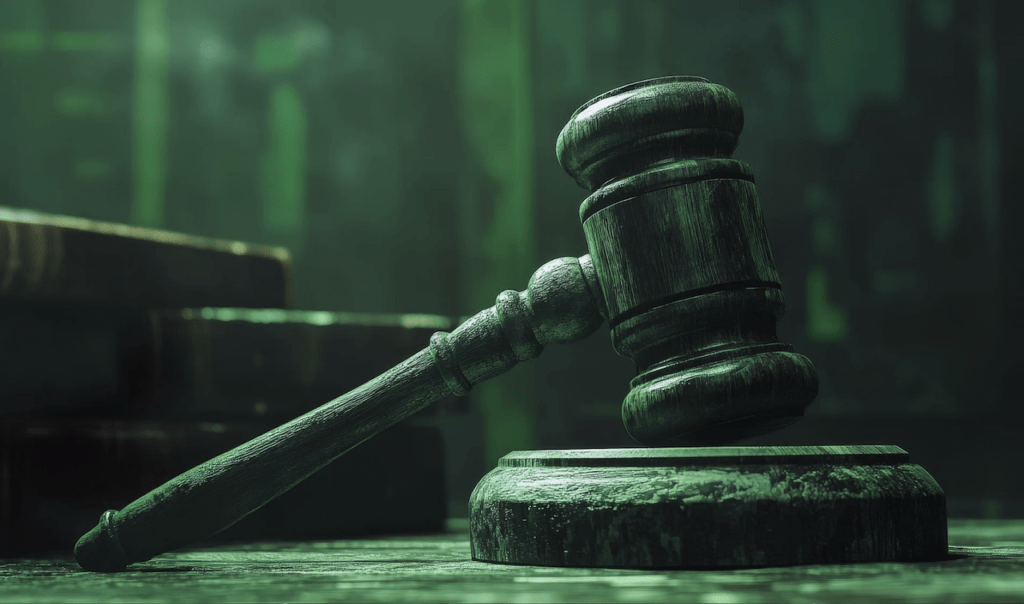 Close-up of a wooden judge's gavel resting on a sound block with blurred books in the background, in greenish lighting.