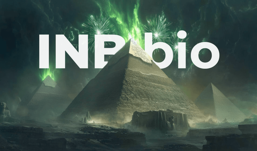 Ancient pyramids under a dark sky with green auroras and fireworks, partially obscured by "INP bio" text.