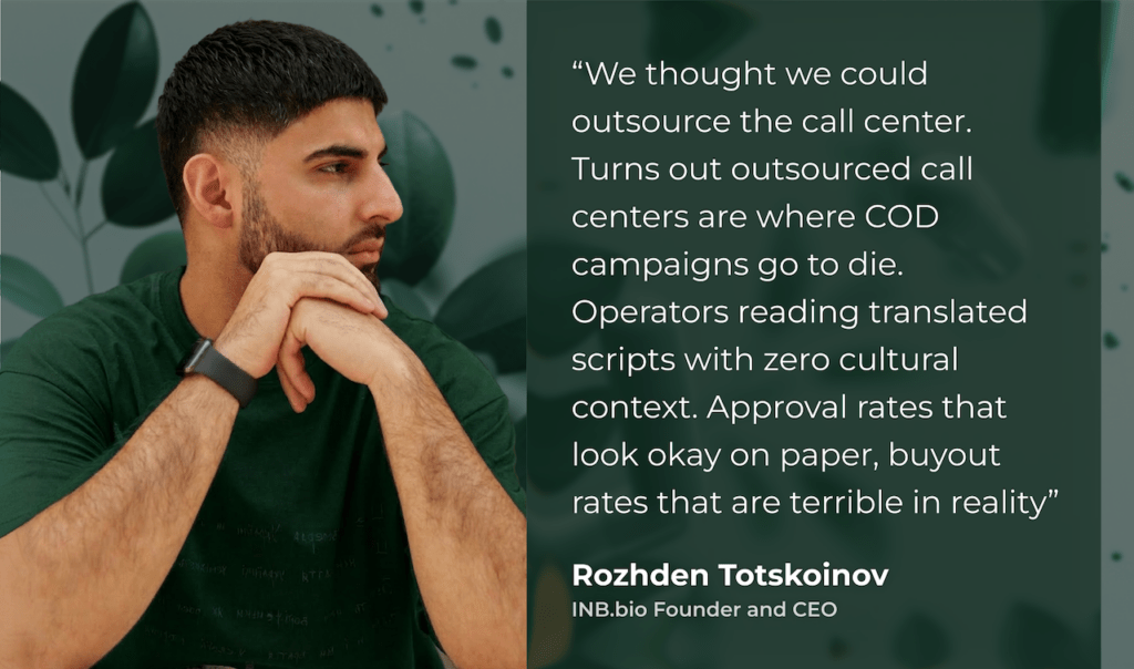 Image of a man with folded hands beside a quote about the downsides of outsourcing call centers by Rozhden Totskoinov, INB.bio CEO.