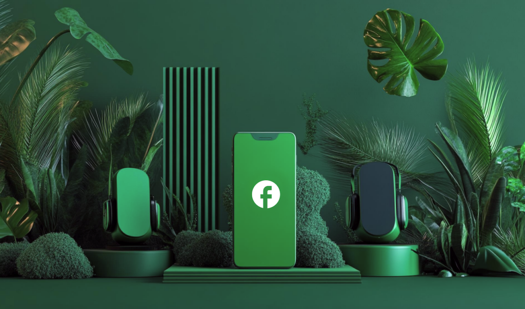 Smartphone with Facebook logo surrounded by green headphones and tropical foliage on a green background.