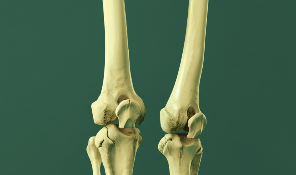 3D render of two human knee joints, showcasing bones, kneecaps, and joint structures against a solid green background.