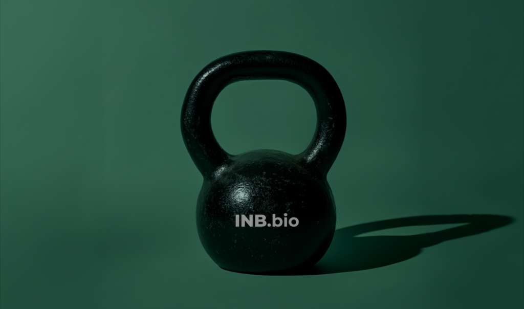A black kettlebell positioned on a green background, casting a subtle shadow. The logo "INB.bio" is overlaid in the center.
