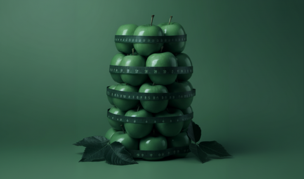 A stack of shiny green apples wrapped with measuring tape, set against a monochromatic green background with leaves at the base.
