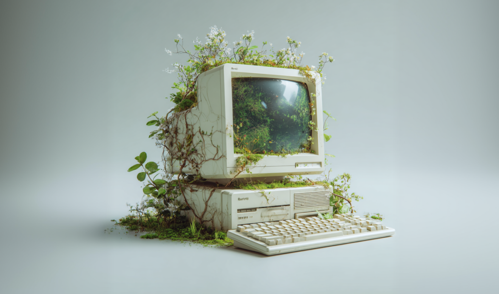 Old computer covered in green moss and vines with small white flowers growing around and inside the monitor and keyboard.