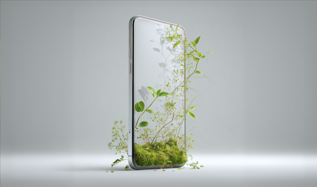 Smartphone with transparent screen showing green plants and moss growing inside, symbolizing technology and nature integration.