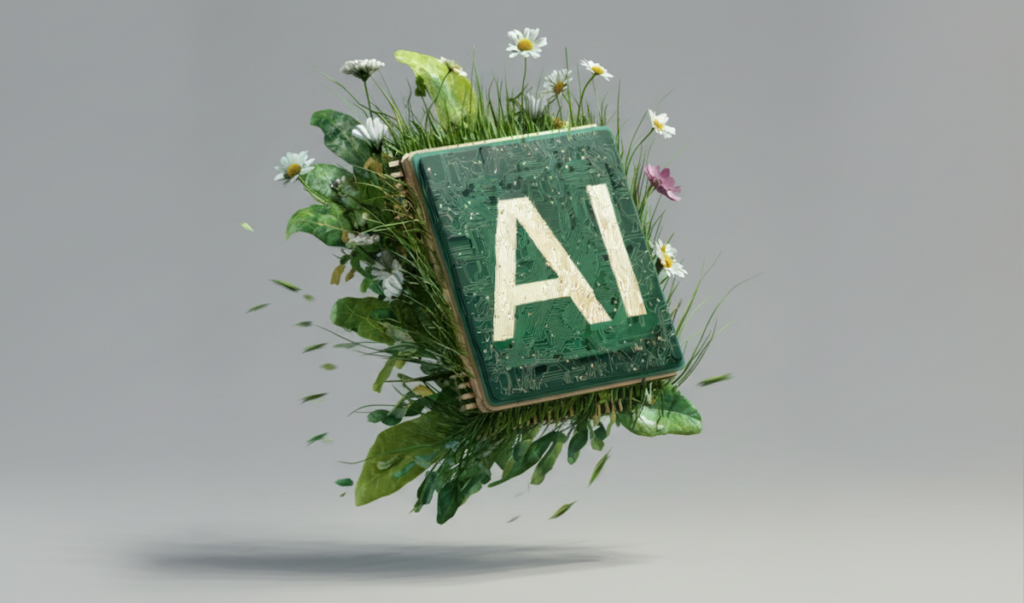 Green AI microchip surrounded by leaves, grass, and daisies floating against a gray background.