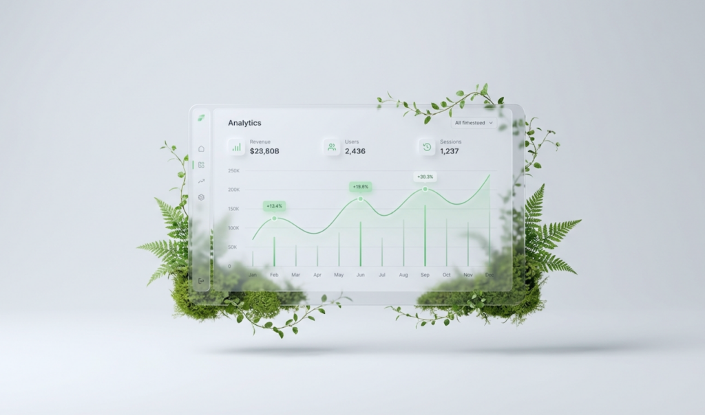 Transparent digital analytics dashboard displaying revenue, users, and sessions with green plant elements surrounding it on a light background.