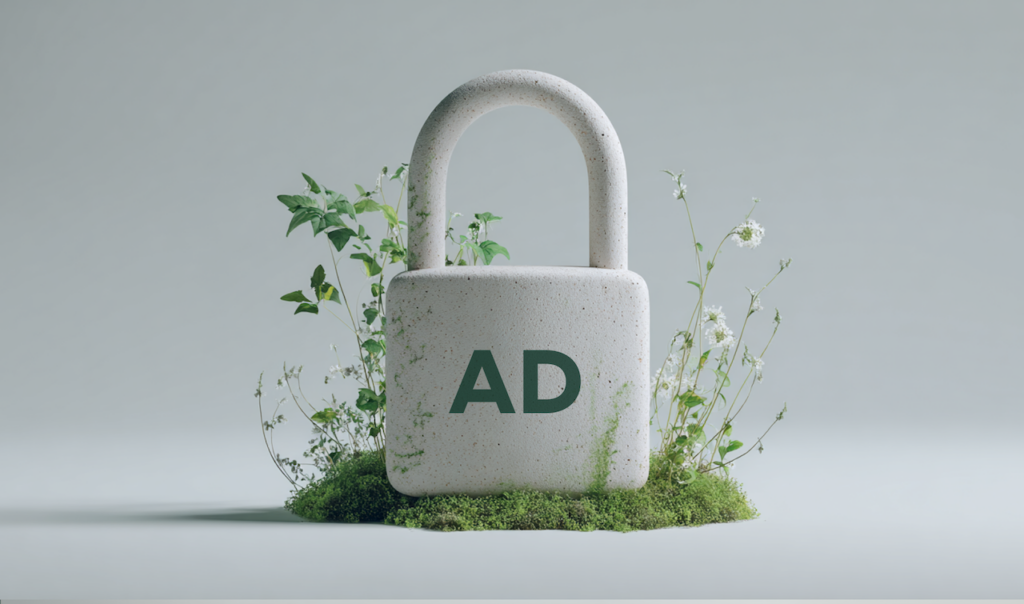 Stone-textured padlock with "AD" engraved, surrounded by green plants and moss on a light gray background.
