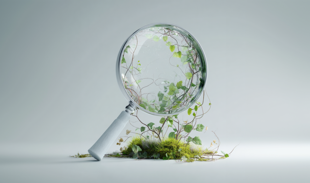 Magnifying glass enlarging green ivy vines and moss growing on a white surface against a plain gray background.