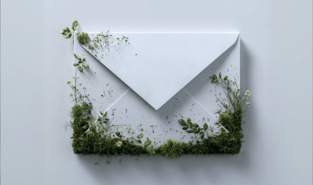 White envelope partially covered with green moss, leaves, and small plants on a light gray background.