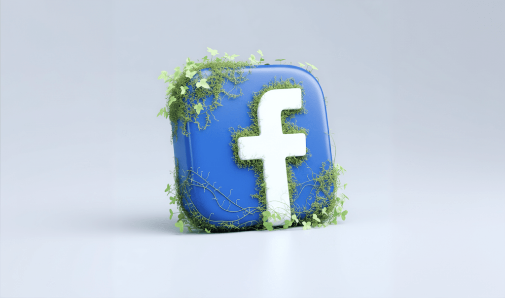 3D blue Facebook logo icon with green plants and vines growing around and through it on a light gray background.