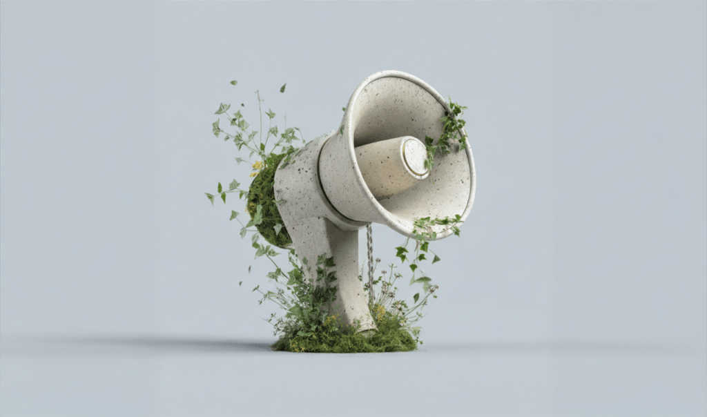 White weathered megaphone partially covered with green vines and plants against a light gray background.