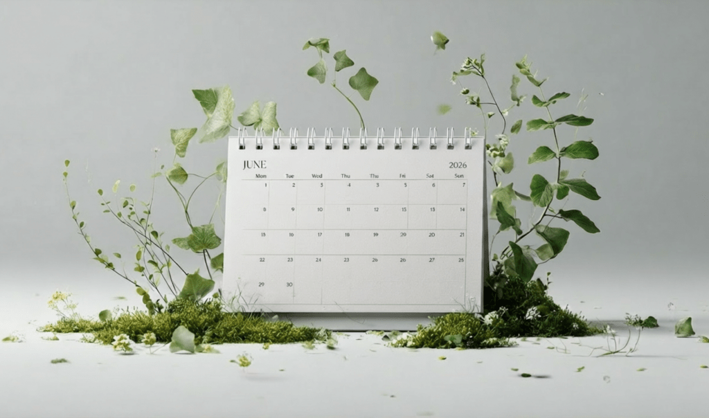 Calendar open to June 2026 surrounded by green leaves, moss, and small white flowers on a light gray background.