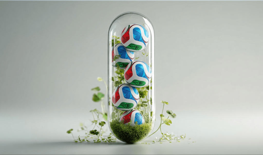 Transparent capsule containing five colorful soccer balls and green plants on a light gray background.